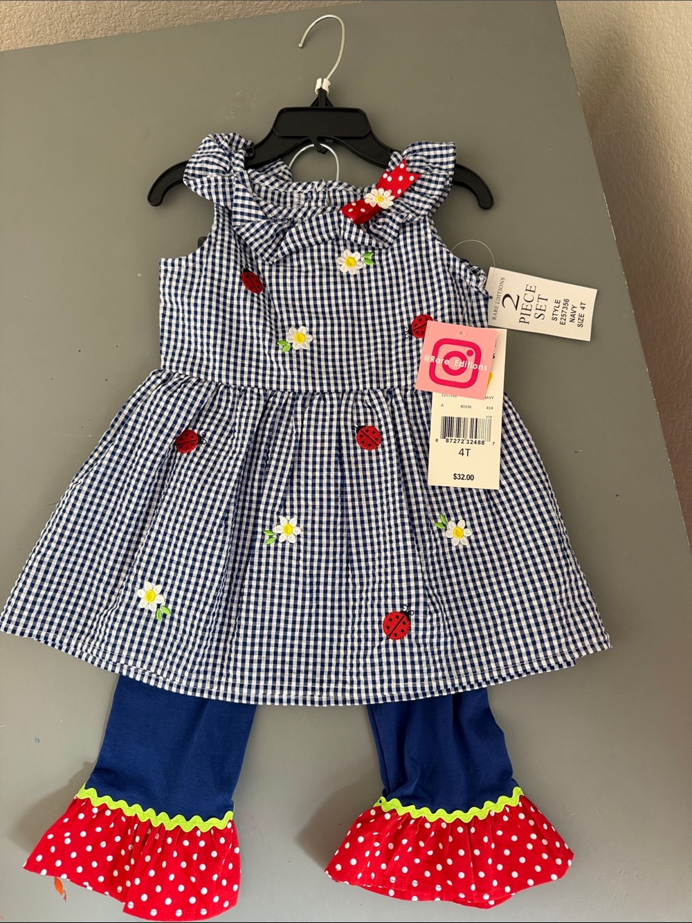Rare Editions Navy Gingham Ladybug Dress with Blue Polka-Ruffle Leggings